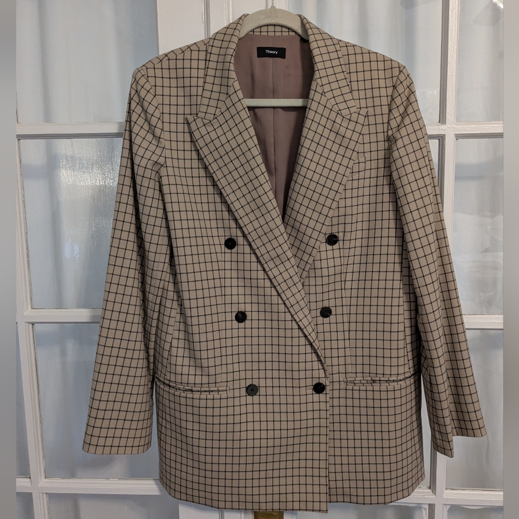 Theory Beige Checkered Wool Blend Blazer